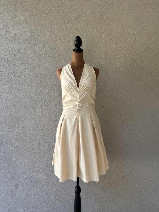 SHEIN Dresses & Skirts - Cream Halter Fit & Flare Mini Dress | Deep V Neck | Feminine Coquette Dress